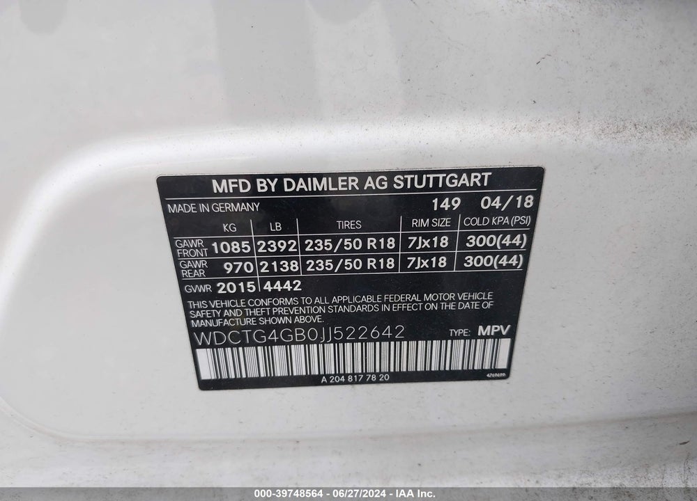 2018 MERCEDES-BENZ GLA 250 4MATIC VIN: WDCTG4GB0JJ522642
