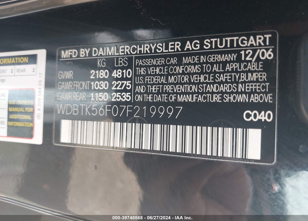 2007 MERCEDES-BENZ CLK 350 VIN: WDBTK56F07F219997
