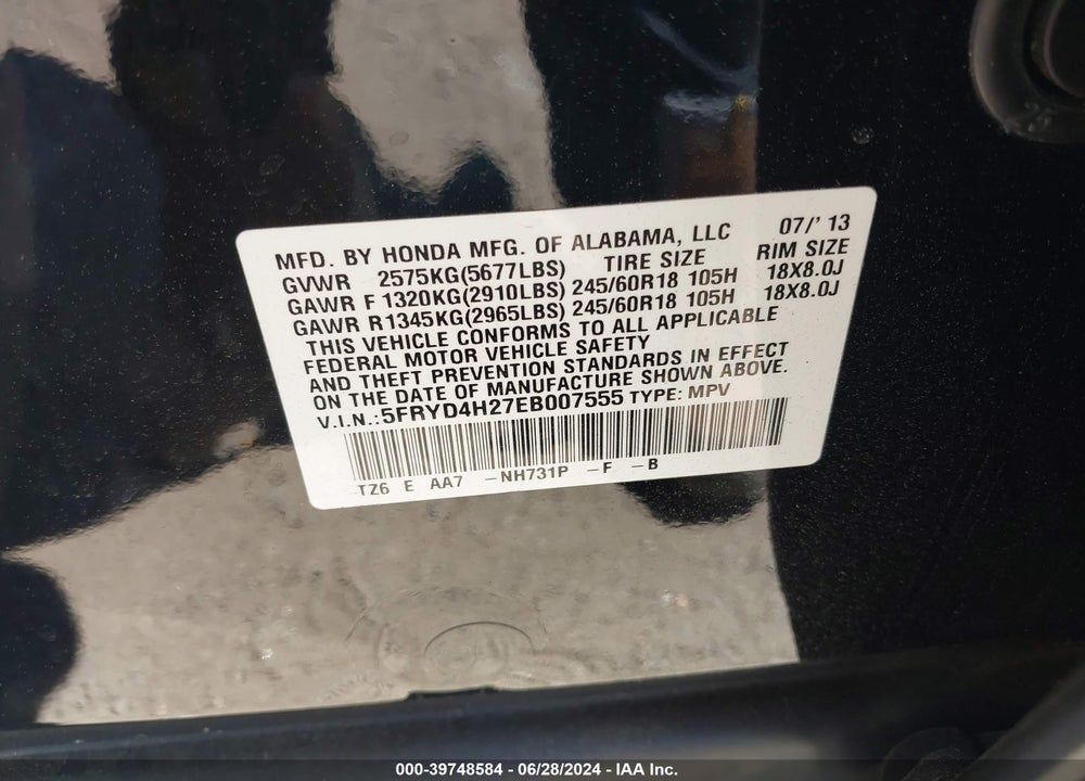 2014 ACURA MDX VIN: 5FRYD4H27EB007555