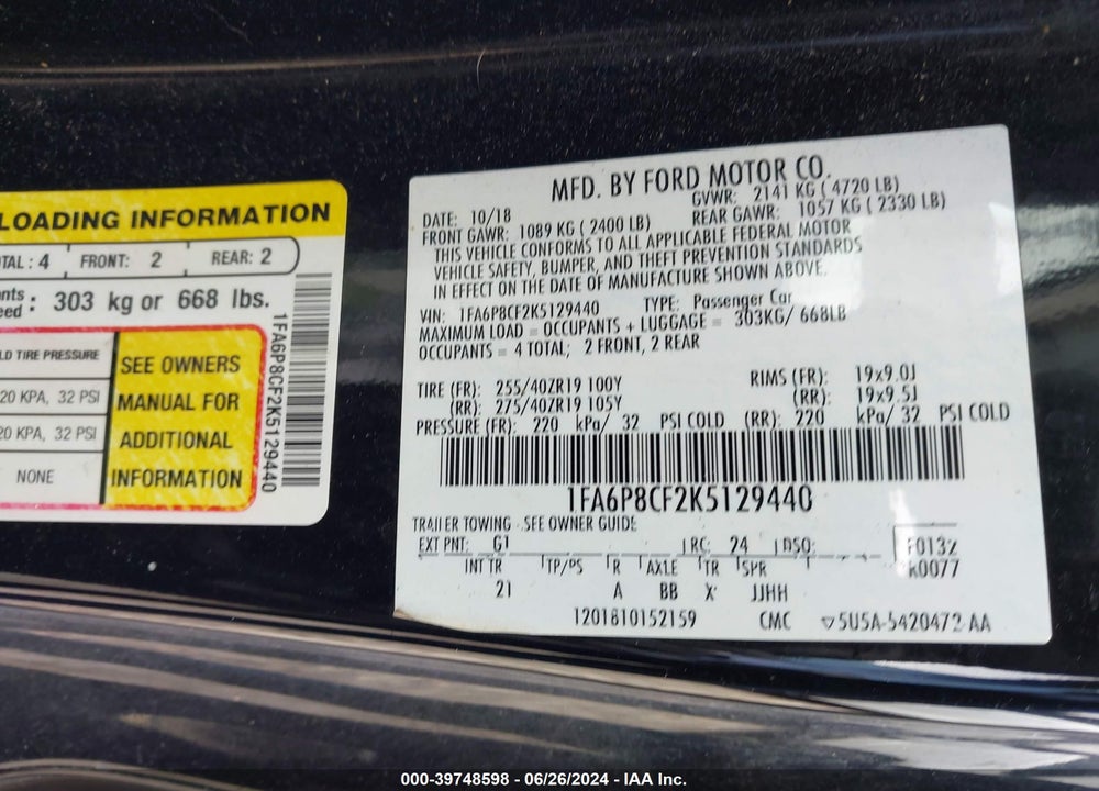 2019 FORD MUSTANG GT VIN: 1FA6P8CF2K5129440