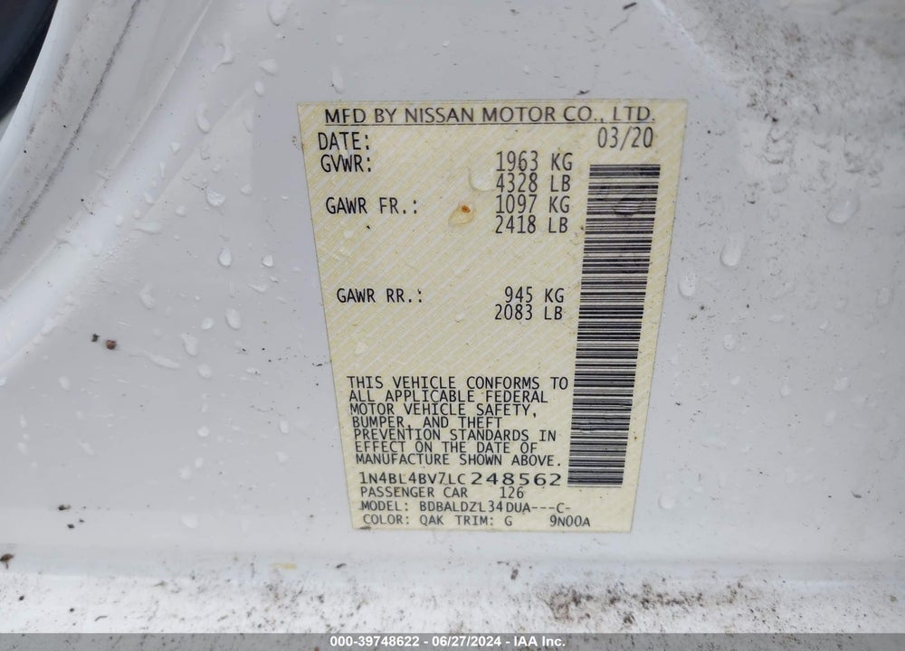 2020 NISSAN ALTIMA VIN: 1N4BL4BV7LC248562