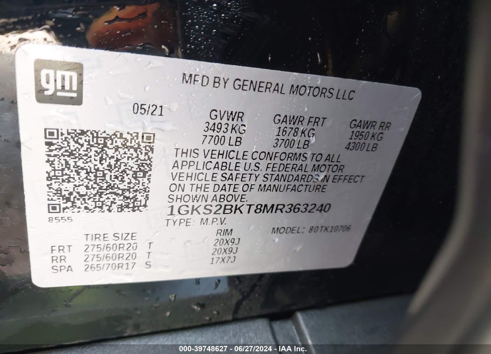 2021 GMC YUKON 4WD SLT VIN: 1GKS2BKT8MR363240