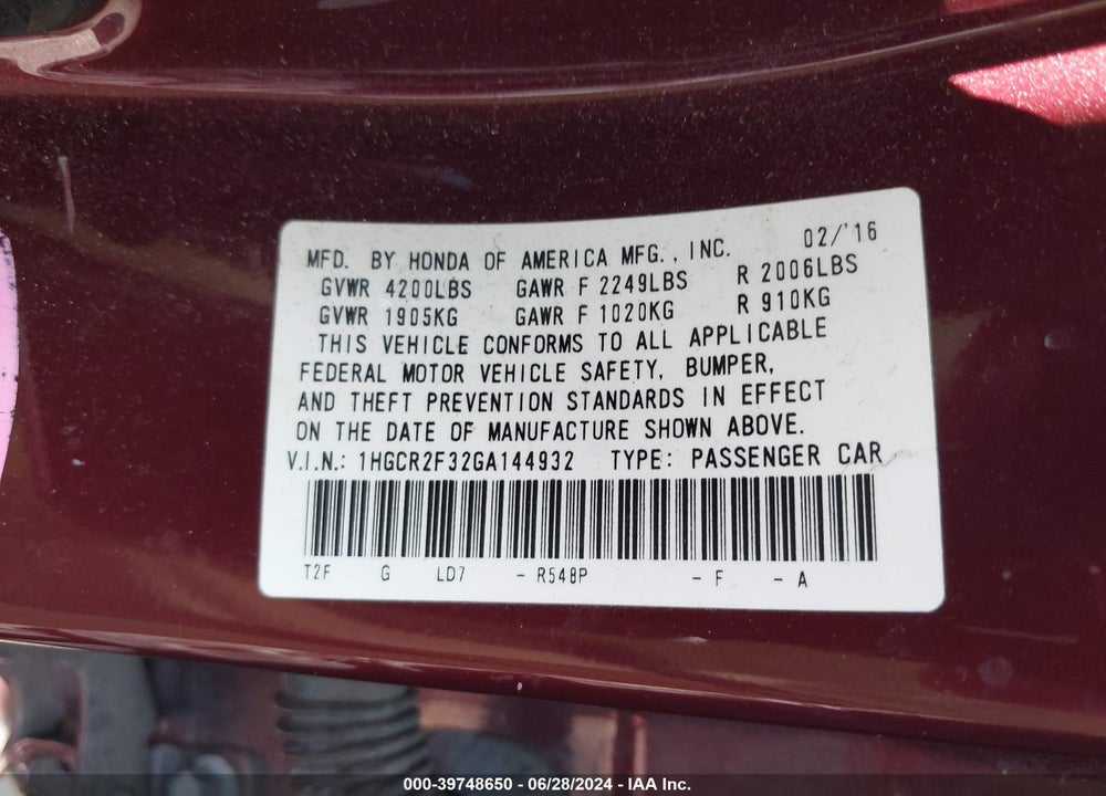 2016 HONDA ACCORD LX VIN: 1HGCR2F32GA144932