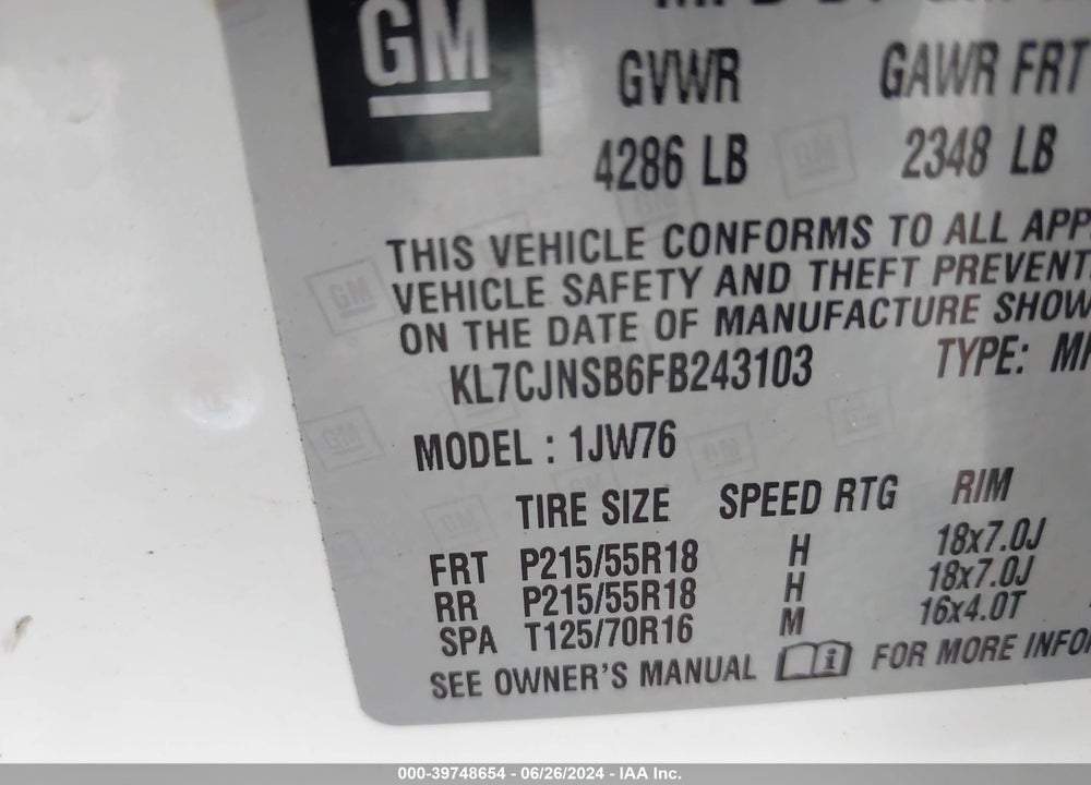2015 CHEVROLET TRAX LTZ VIN: KL7CJNSB6FB243103