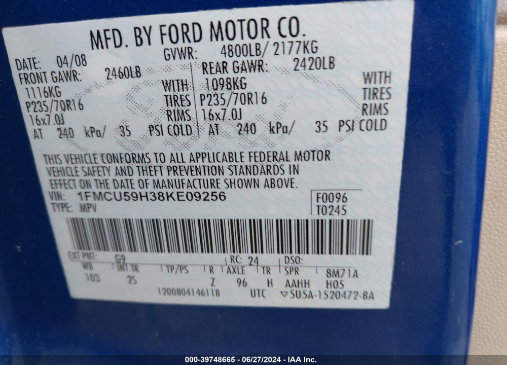 2008 FORD ESCAPE HYBRID VIN: 1FMCU59H38KE09256