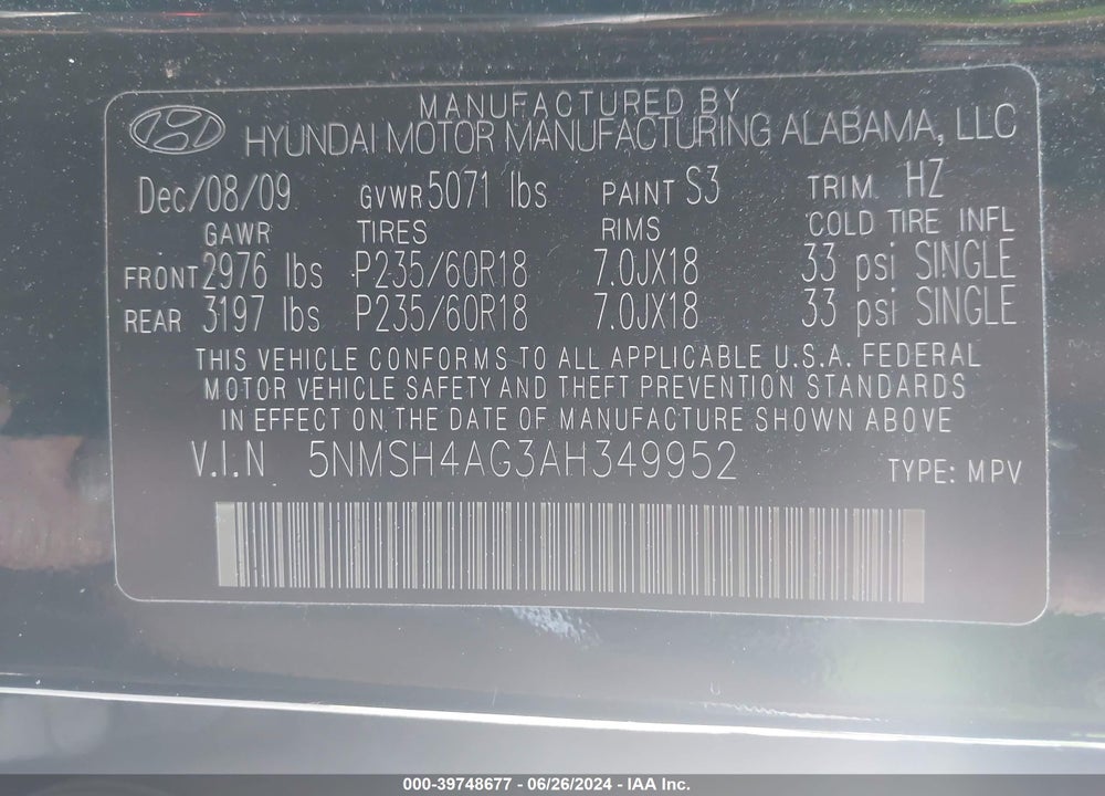 2010 HYUNDAI SANTA FE VIN: 5NMSH4AG3AH349952