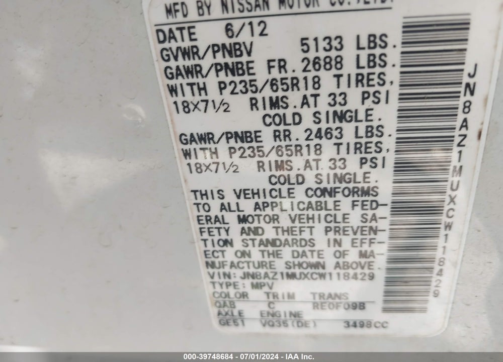 2012 NISSAN MURANO SV VIN: JN8AZ1MUXCW118429