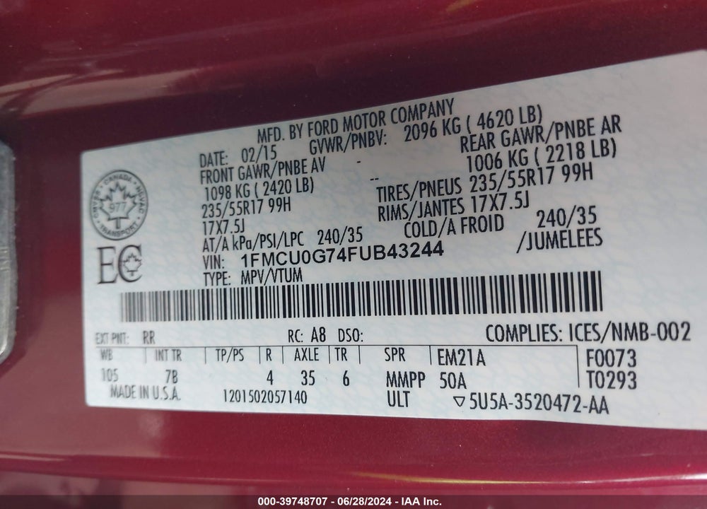 2015 FORD ESCAPE SE VIN: 1FMCU0G74FUB43244