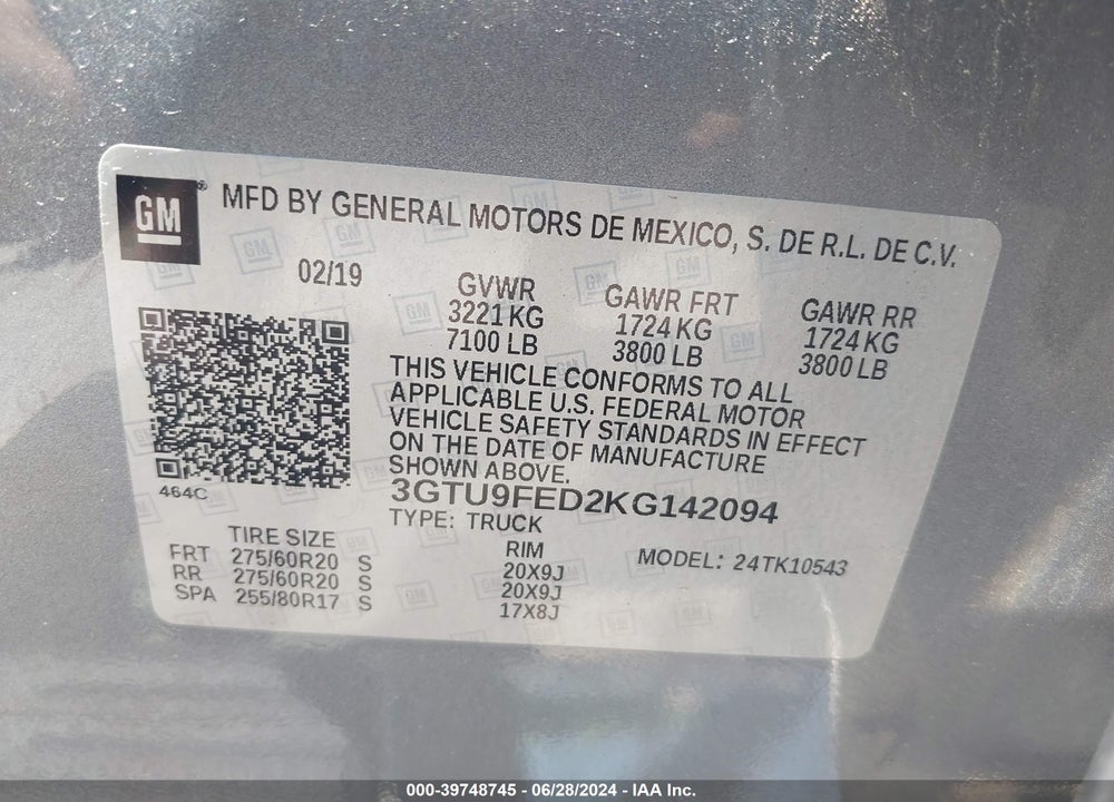 2019 GMC SIERRA 1500 DENALI VIN: 3GTU9FED2KG142094