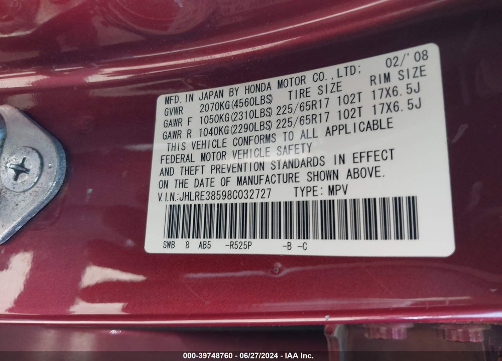 2008 HONDA CR-V EX VIN: JHLRE38598C032727