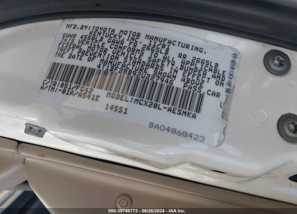 2002 TOYOTA AVALON XL VIN: 4T1BF28B92U227946