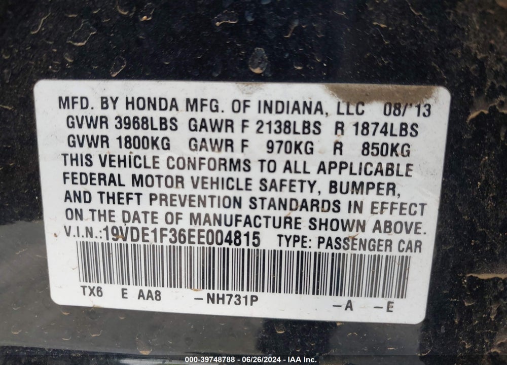 2014 ACURA ILX 2.0L VIN: 19VDE1F36EE004815