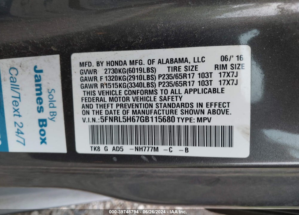 2016 HONDA ODYSSEY EX-L VIN: 5FNRL5H67GB115680