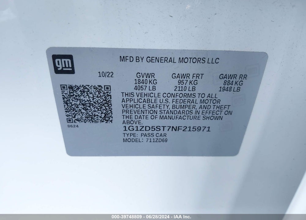 2022 CHEVROLET MALIBU FWD LT VIN: 1G1ZD5ST7NF215971