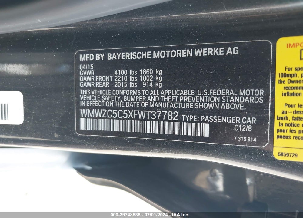 2015 MINI COUNTRYMAN COOPER S VIN: WMWZC5C5XFWT37782