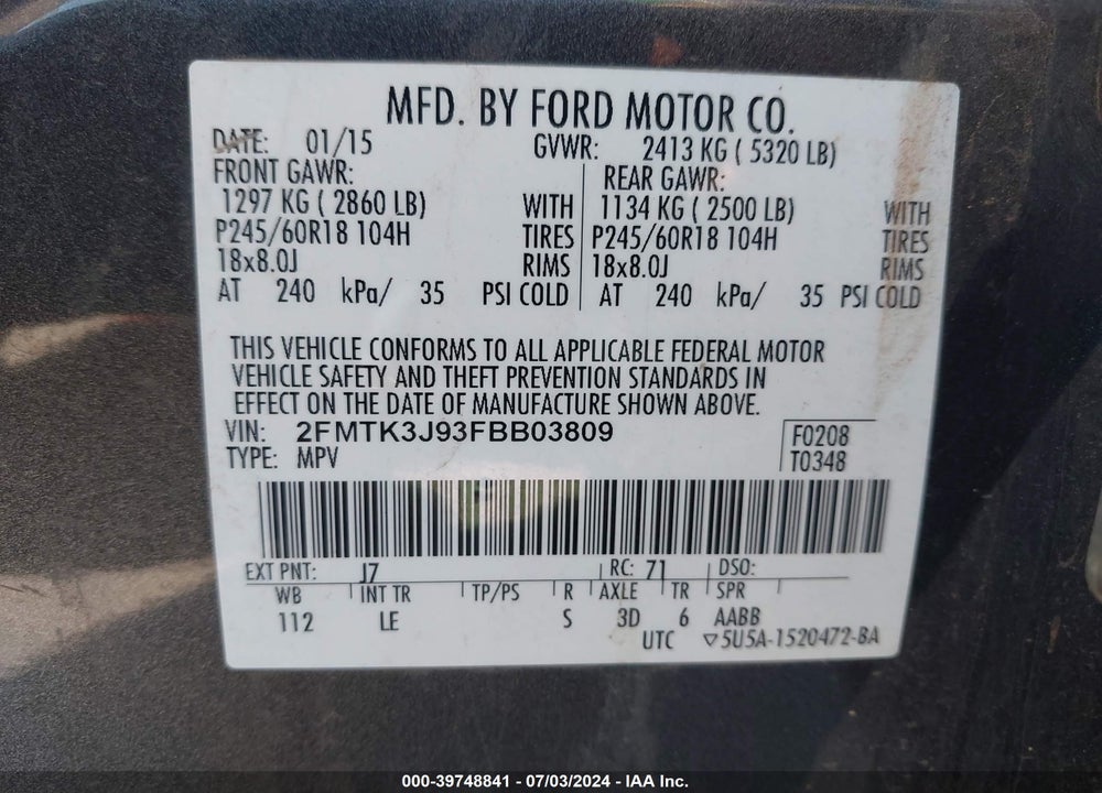 2015 FORD EDGE SEL VIN: 2FMTK3J93FBB03809
