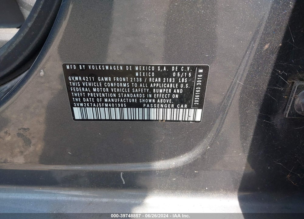 2015 VOLKSWAGEN JETTA 2.0L S VIN: 3VW2K7AJ5FM401985