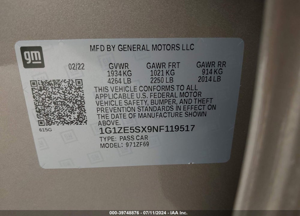 2022 CHEVROLET MALIBU FWD PREMIER VIN: 1G1ZE5SX9NF119517