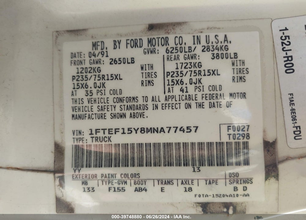 1991 FORD F150 VIN: 1FTEF15Y8MNA77457