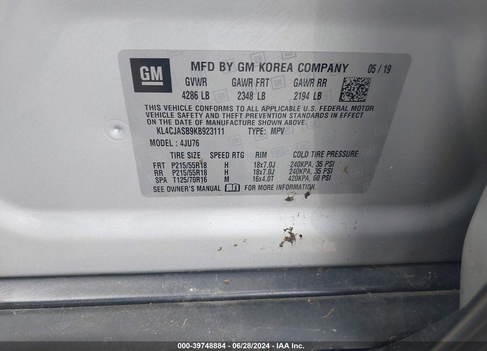 2019 BUICK ENCORE FWD PREFERRED VIN: KL4CJASB9KB923111