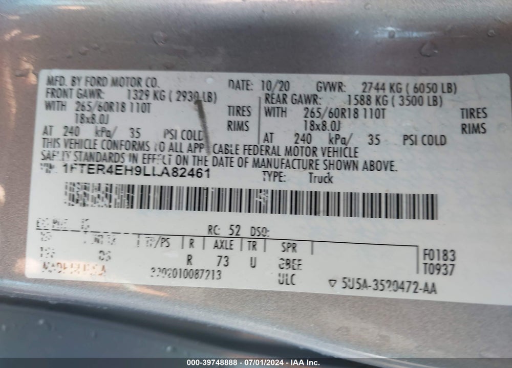 2020 FORD RANGER LARIAT VIN: 1FTER4EH9LLA82461