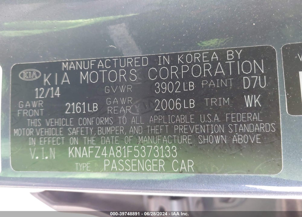 2015 KIA FORTE EX VIN: KNAFZ4A81F5373133