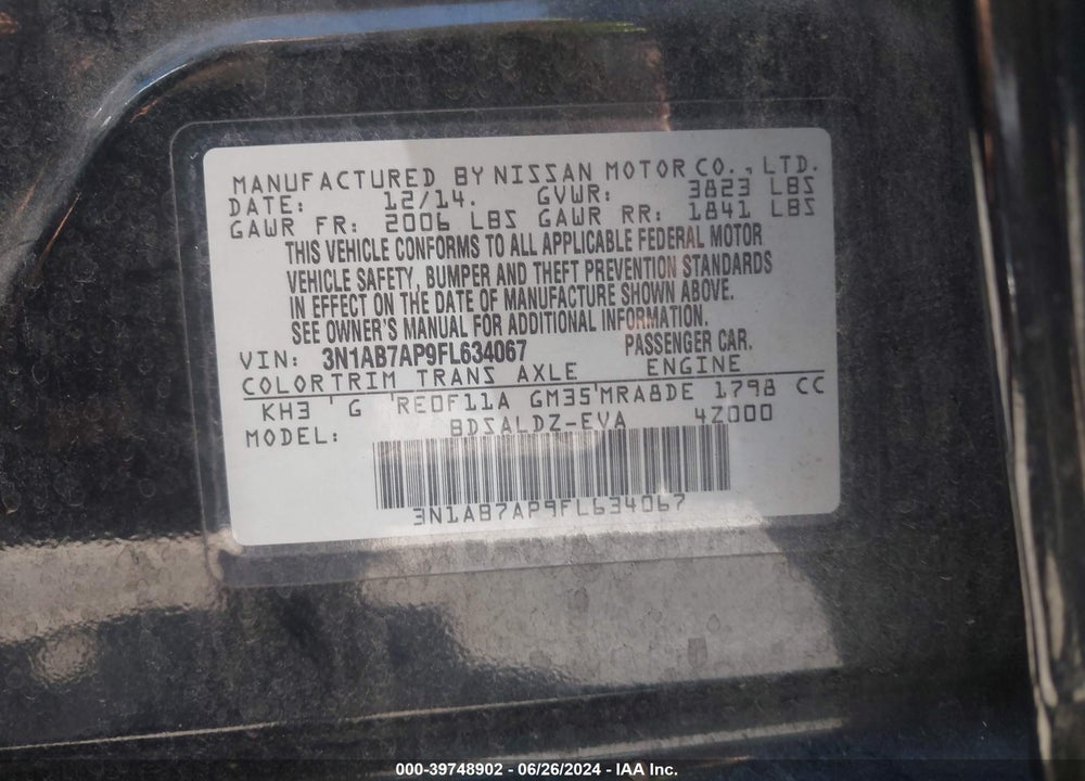 2015 NISSAN SENTRA SV VIN: 3N1AB7AP9FL634067