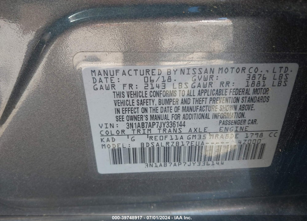 2018 NISSAN SENTRA SR VIN: 3N1AB7AP7JY336144