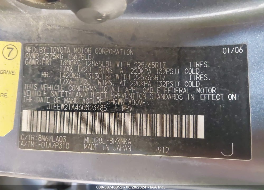 2006 TOYOTA HIGHLANDER HYBRID LIMITED V6 VIN: JTEEW21A460023485