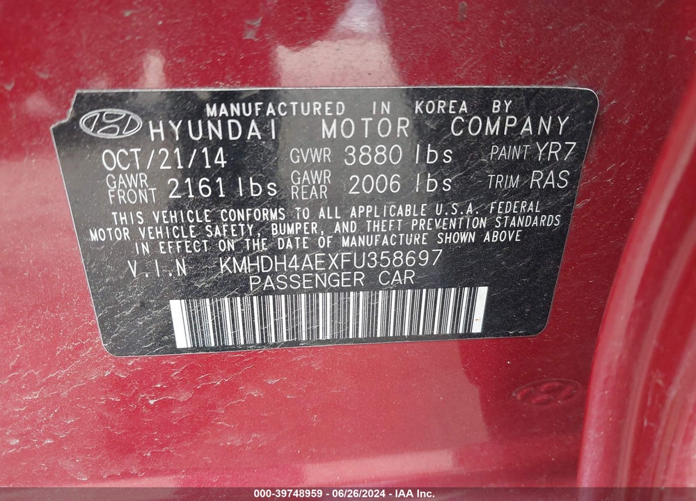 2015 HYUNDAI ELANTRA SE VIN: KMHDH4AEXFU358697