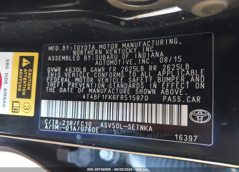2015 TOYOTA CAMRY LE VIN: 4T4BF1FK6FR515870