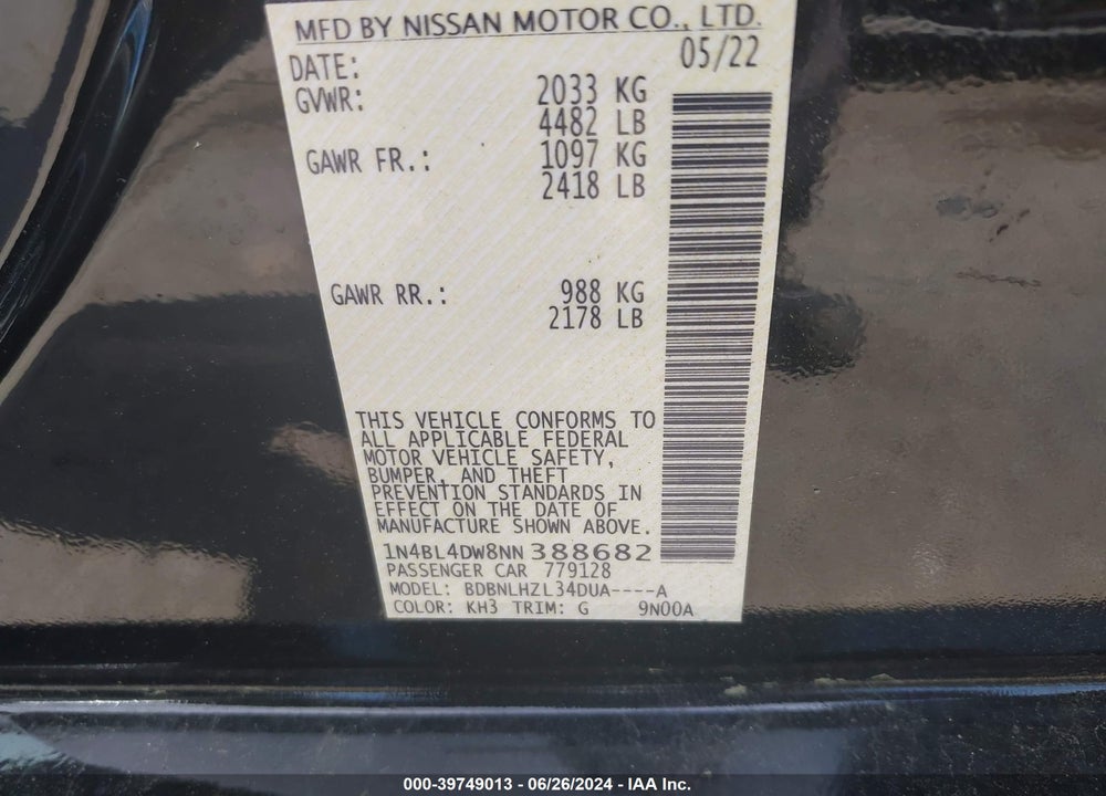 2022 NISSAN ALTIMA SV INTELLIGENT AWD VIN: 1N4BL4DW8NN388682