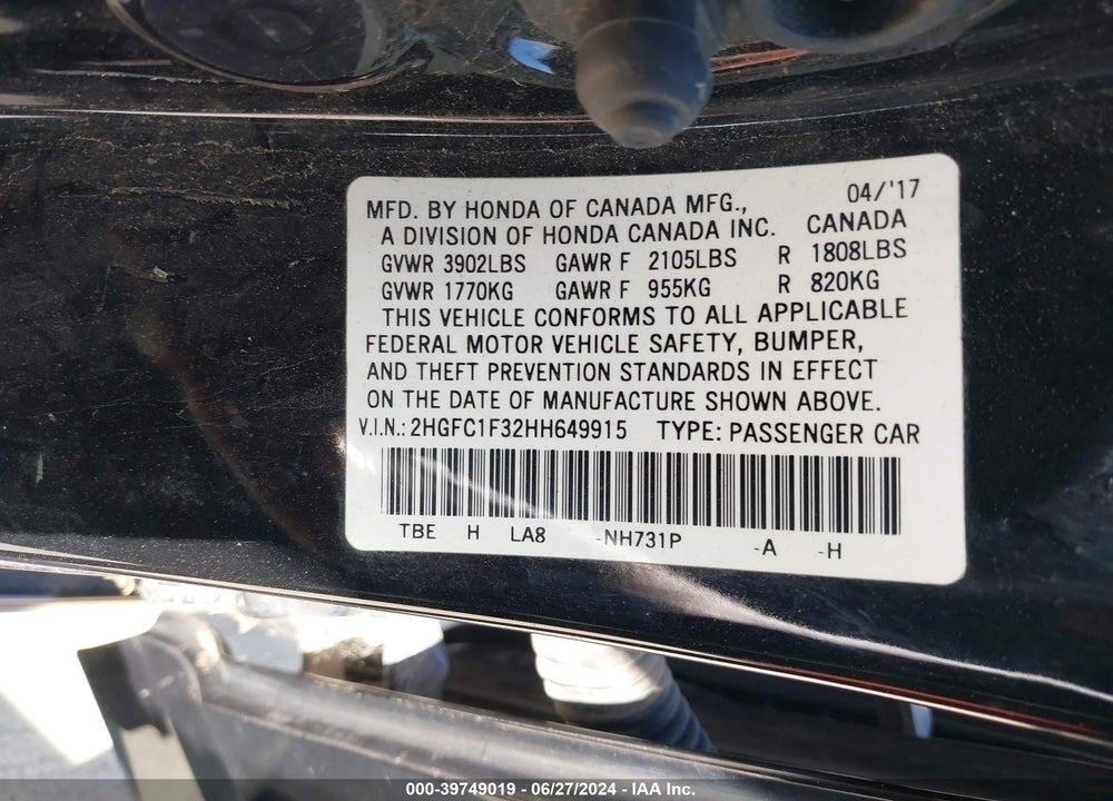 2017 HONDA CIVIC EX-T VIN: 2HGFC1F32HH649915