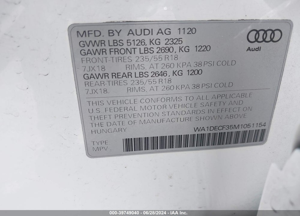 2021 AUDI Q3 PREMIUM 45 TFSI S LINE QUATTRO TIPTRONIC VIN: WA1DECF35M1051154