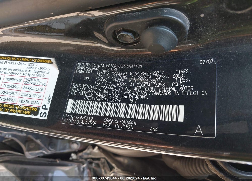 2008 TOYOTA 4RUNNER SR5 V6 VIN: JTEBU14R780128769