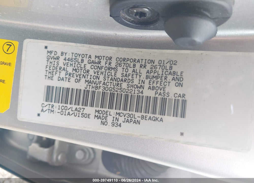 2002 LEXUS ES 300 VIN: JTHBF30G525022134