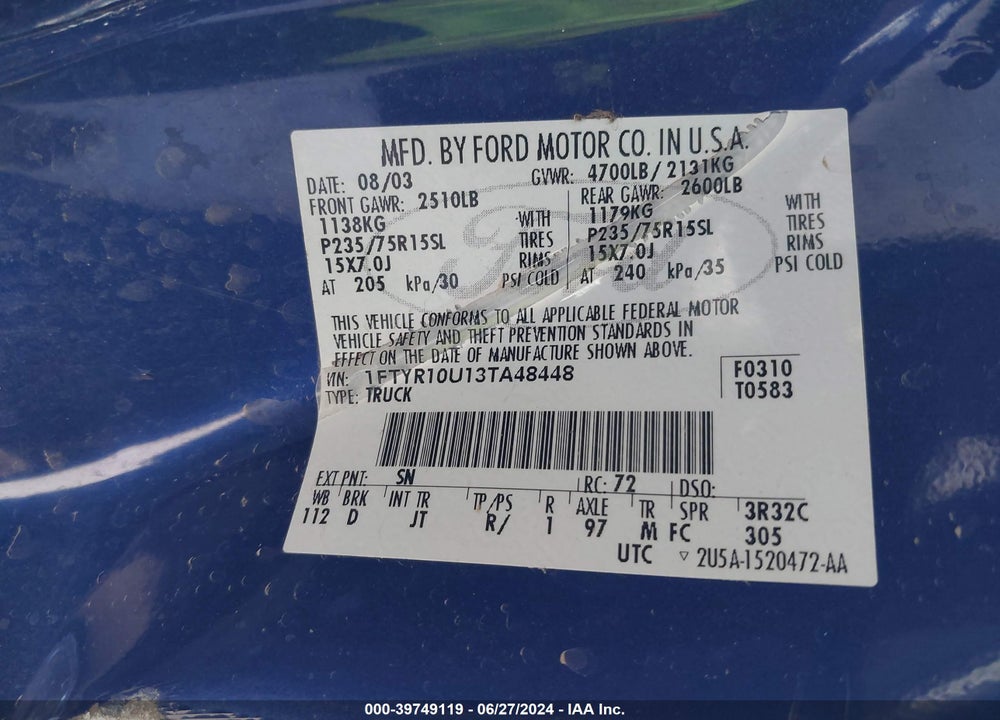2003 FORD RANGER EDGE/XL/XLT VIN: 1FTYR10U13TA48448