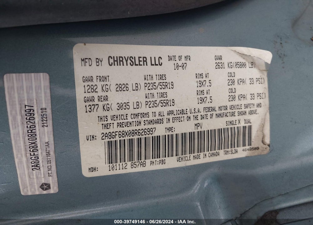 2008 CHRYSLER PACIFICA TOURING VIN: 2A8GF68X08R626997