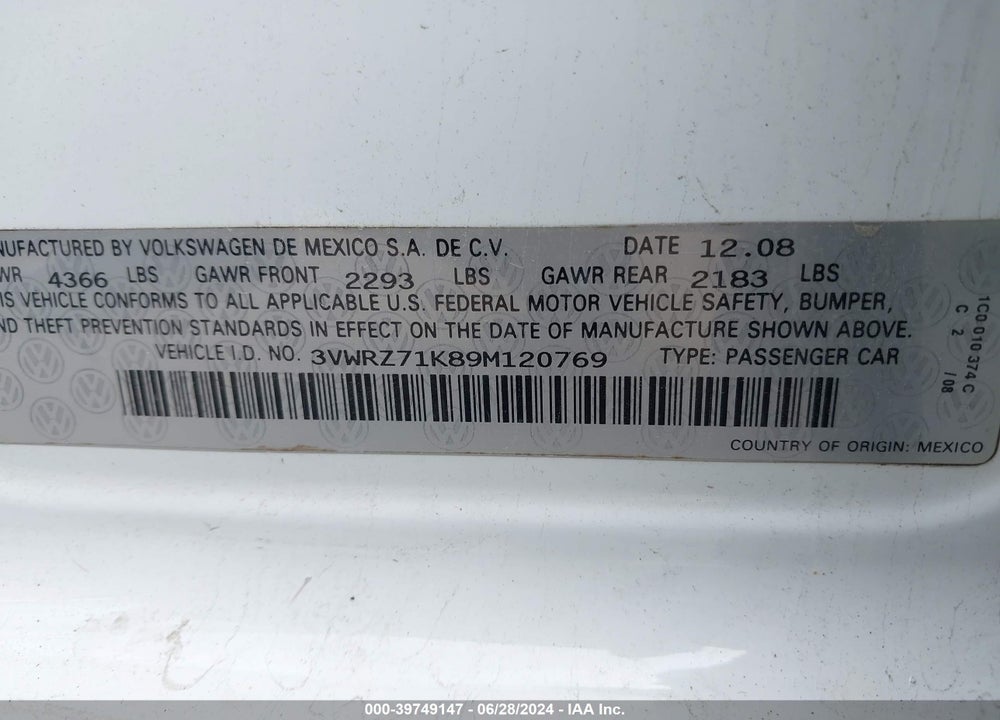 2009 VOLKSWAGEN JETTA SE VIN: 3VWRZ71K89M120769