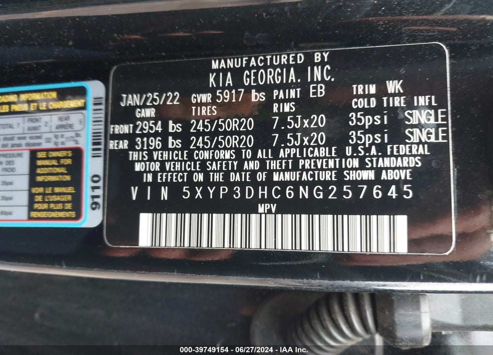 2022 KIA TELLURIDE EX VIN: 5XYP3DHC6NG257645