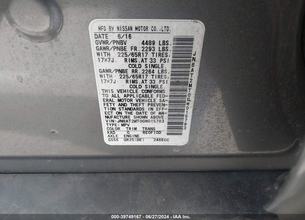 2016 NISSAN ROGUE SV VIN: JN8AT2MT0GW015783