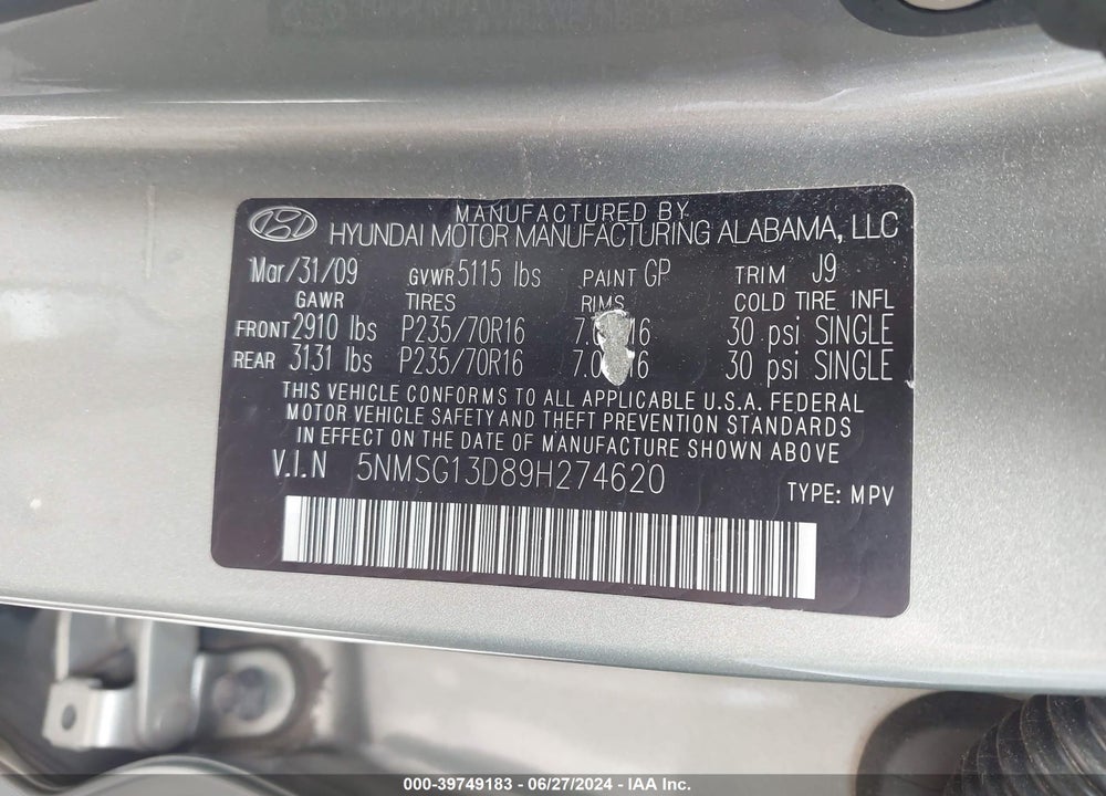 2009 HYUNDAI SANTA FE GLS VIN: 5NMSG13D89H274620