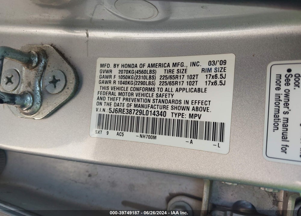 2009 HONDA CR-V EX-L VIN: 5J6RE38729L014340