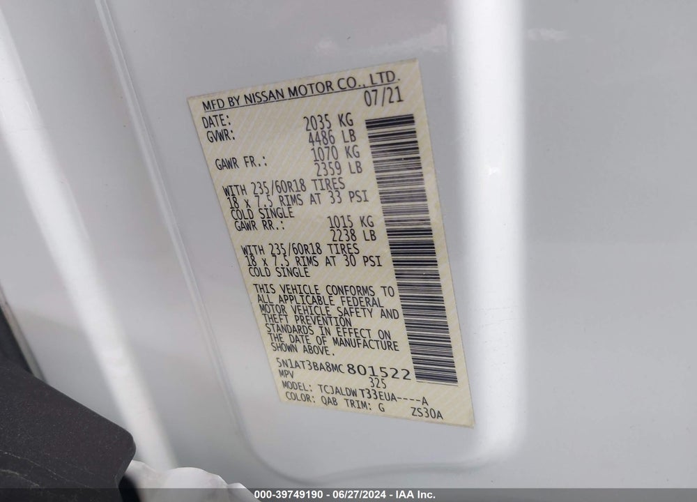 2021 NISSAN ROGUE SV FWD VIN: 5N1AT3BA8MC801522