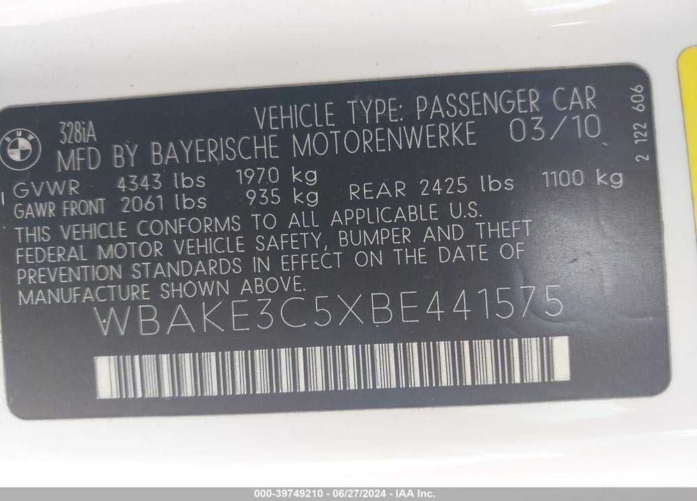2011 BMW 328I VIN: WBAKE3C5XBE441575