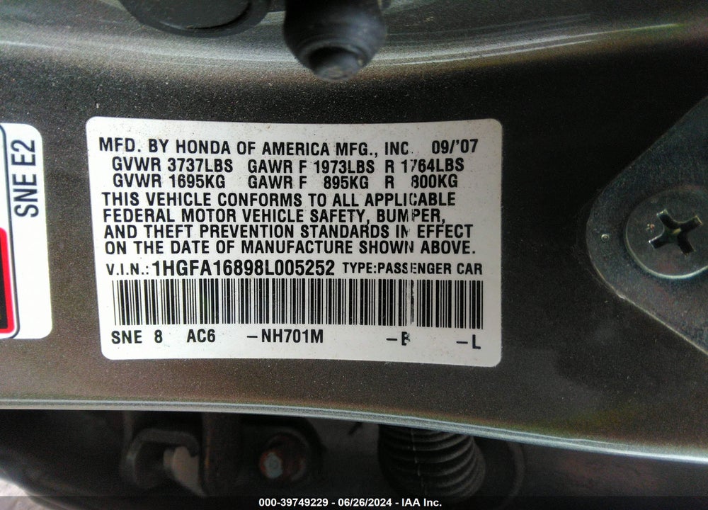 2008 HONDA CIVIC EX VIN: 1HGFA16898L005252