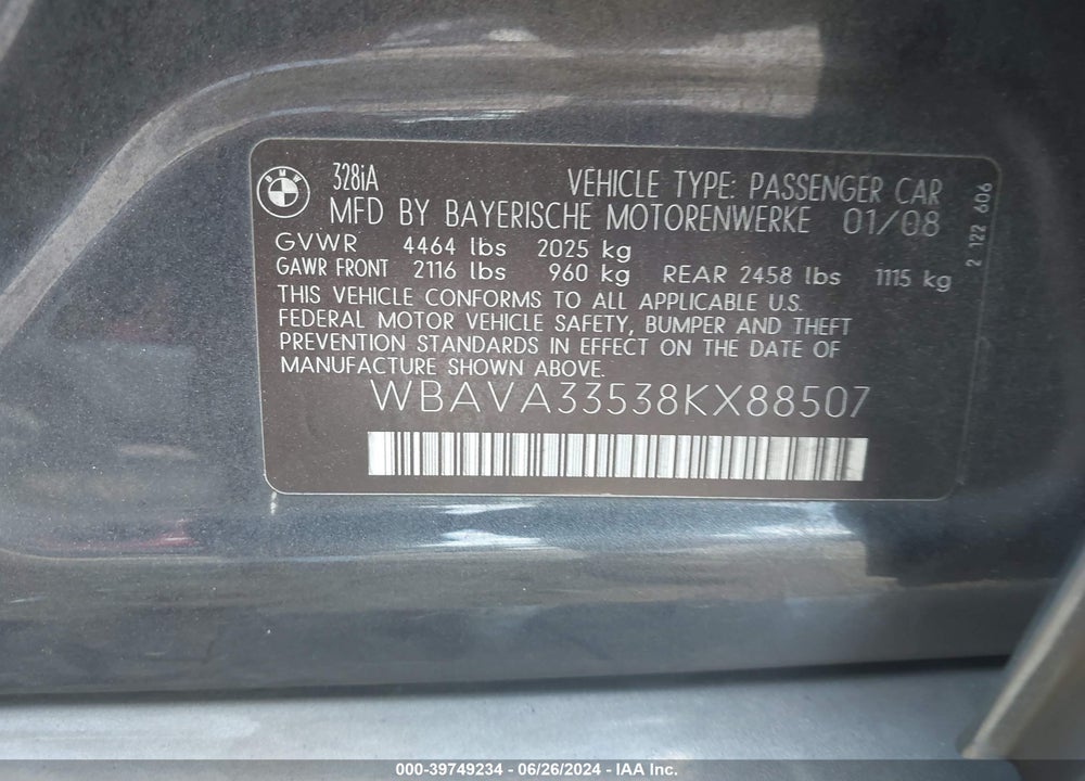 2008 BMW 328I VIN: WBAVA33538KX88507