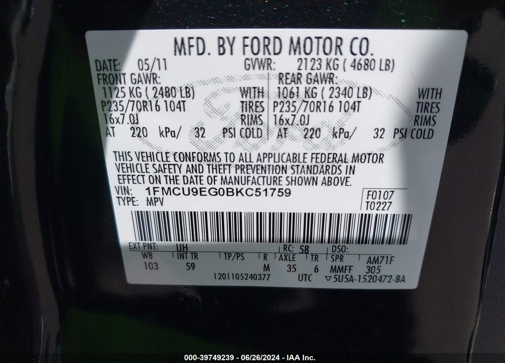 2011 FORD ESCAPE LIMITED VIN: 1FMCU9EG0BKC51759