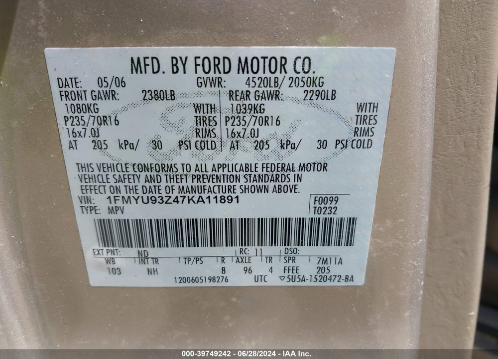 2007 FORD ESCAPE XLT VIN: 1FMYU93Z47KA11891