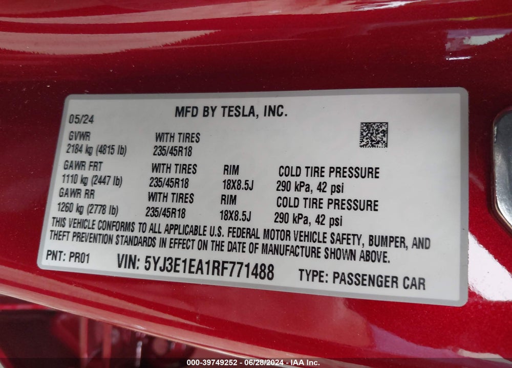2024 TESLA MODEL 3 REAR-WHEEL DRIVE VIN: 5YJ3E1EA1RF771488